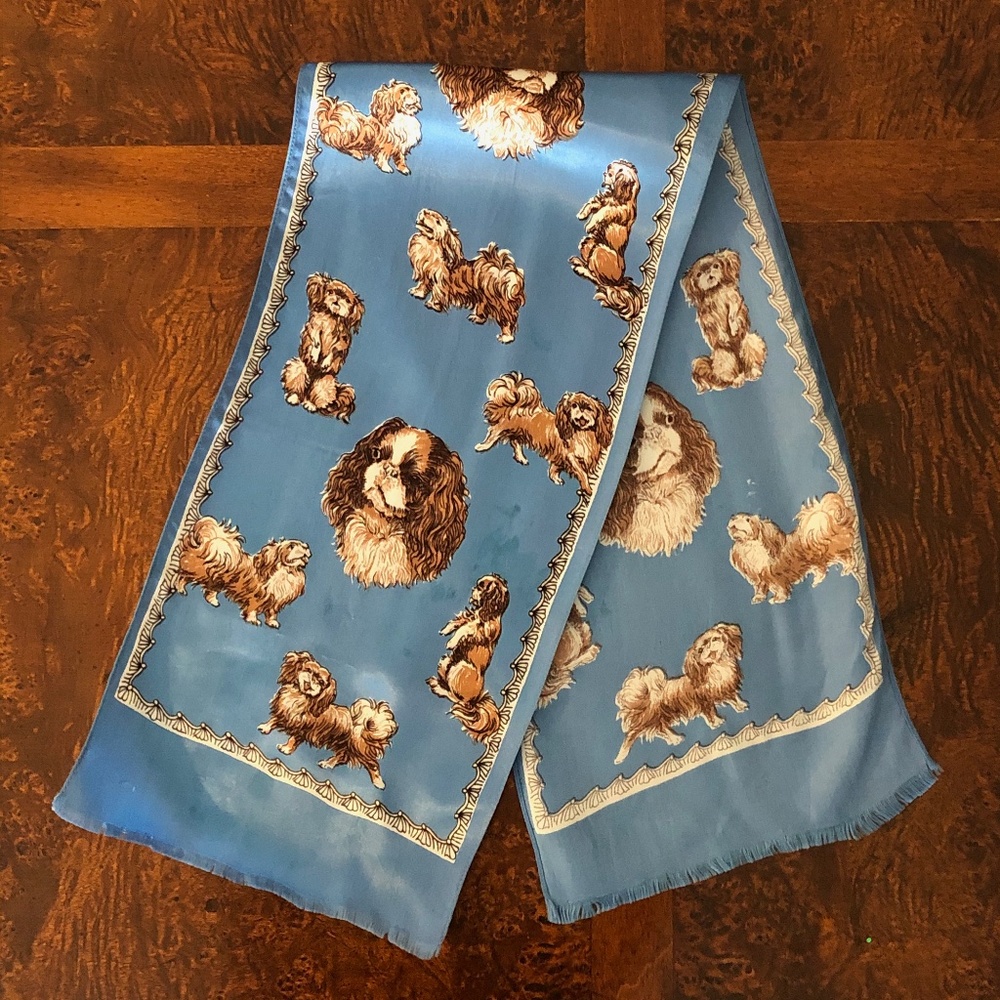 Vintage Dog-Print Blue Silk Scarf